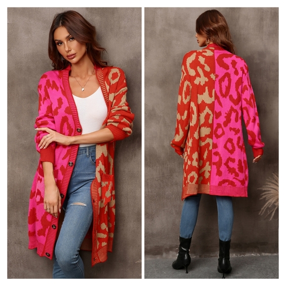 Red Leopard Button Down Cardigan - Picture 1 of 8
